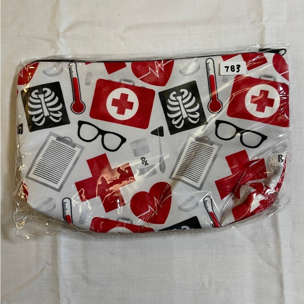 The Pouch Cosmetic Bag Red White NWT Medical Nursing Print Zipper Pouch